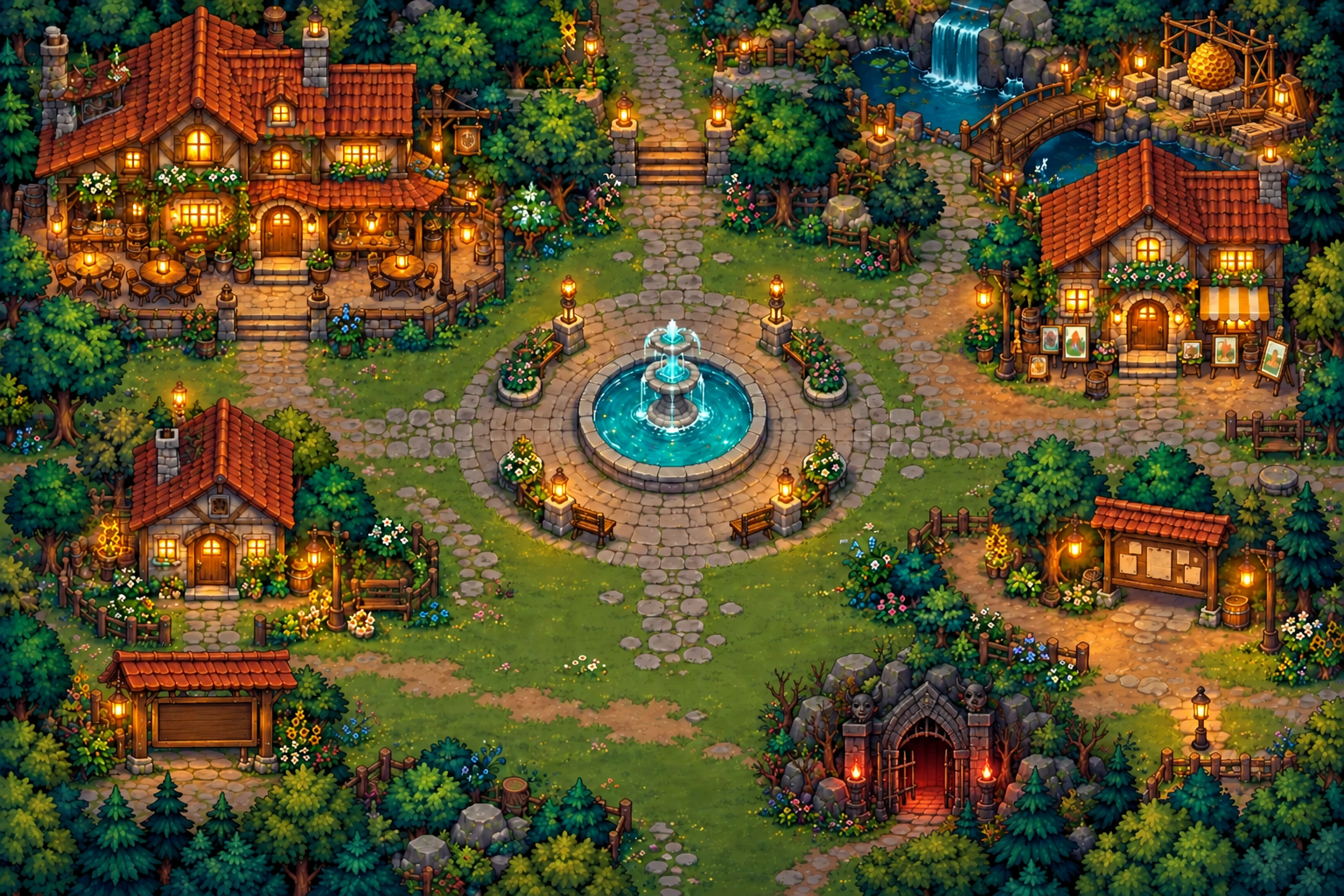 A forest town at dusk, with a tavern, gallery and central fountain.