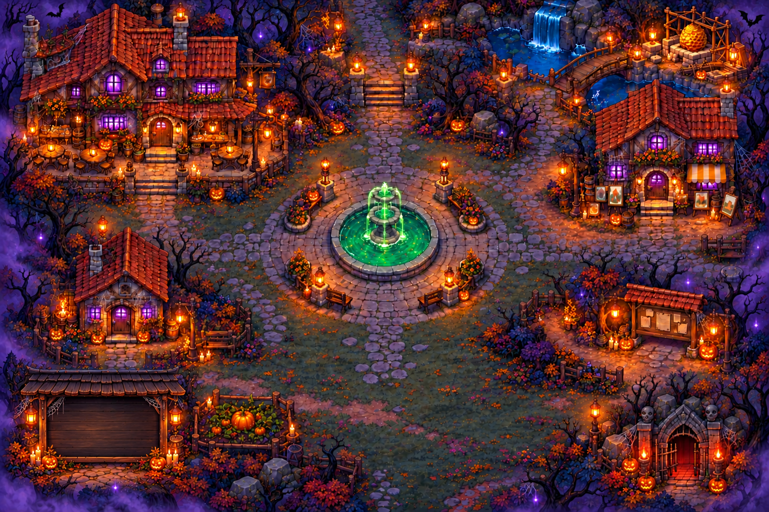 A forest town at dusk, with a tavern, gallery and central fountain.